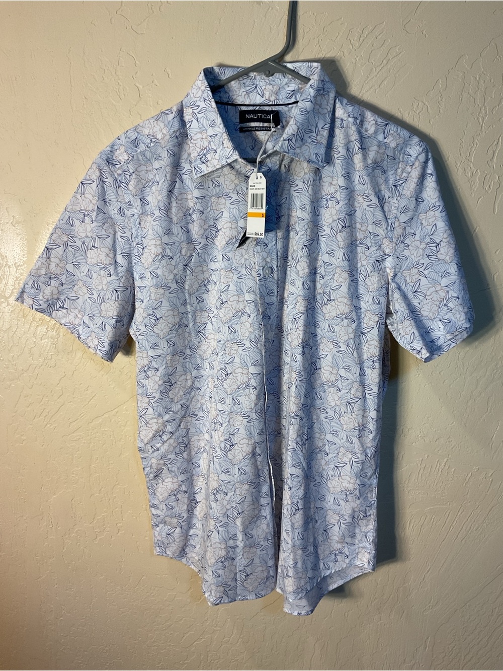 Nautica Light Blue Short Sleeve Button-Down with Navy Floral Print